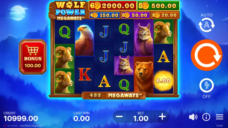 Wolf Power Megaways base game grid with variable reel height and premium wildlife symbols