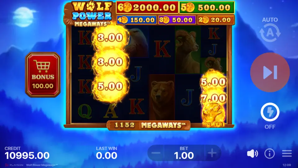 Bonus Game trigger with 6 or more highlighted Bonus and Power symbols on the reel grid