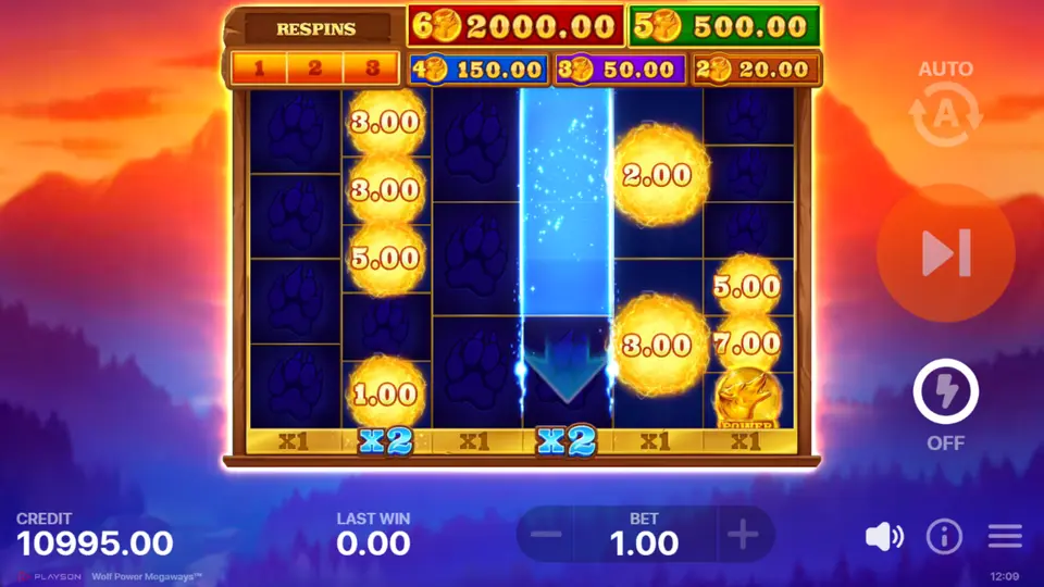 Reel grown to 6 cells with a x4 Reel Booster multiplier in the Wolf Power Megaways Bonus Game